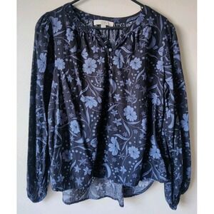 Loft Women's Snowflake Bloom Henley Blouse in Navy Blue 100% Cotton Size Large
